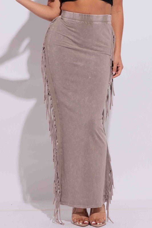 Playful Fringe Taupe Boho Maxi Skirt