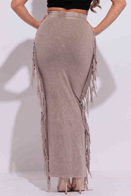 Playful Fringe Taupe Boho Maxi Skirt