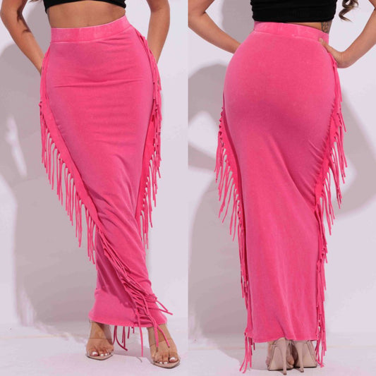 Playful Fringe Pink Boho Maxi Skirt