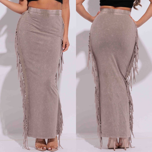 Playful Fringe Taupe Boho Maxi Skirt